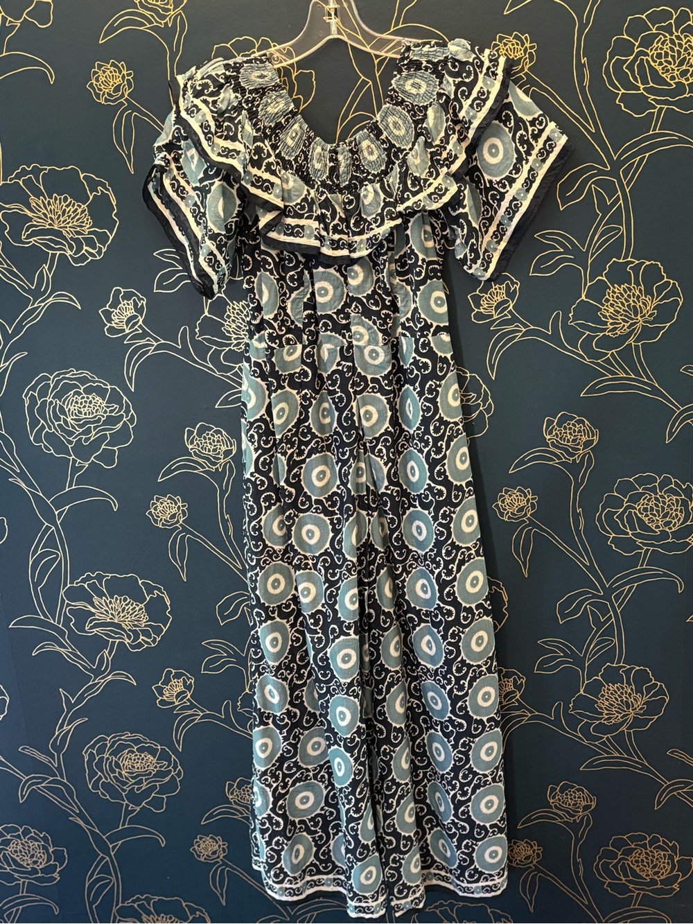Anthropologie KOPAL Suzani Off-The-Shoulder Romper LARGE blue white CROPPED - Picture 5 of 10